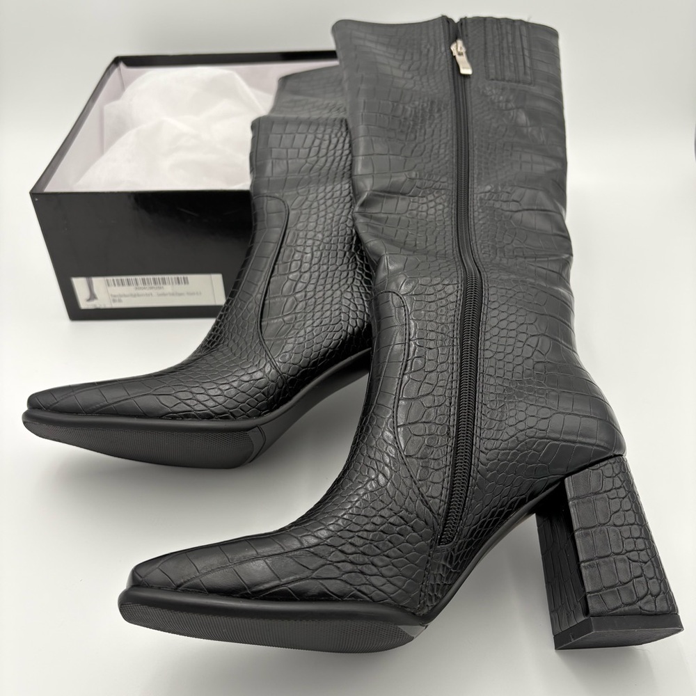 🖤 Black Croc-Embossed Knee-High Block Heel Boots | NIB Size 6.5